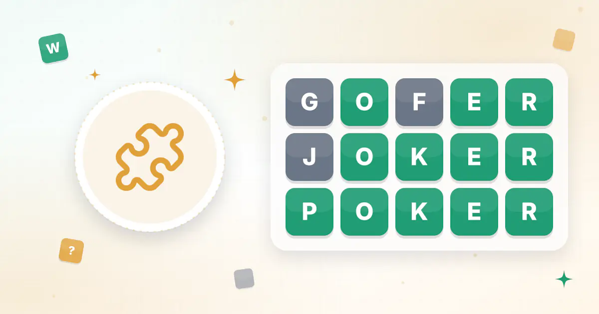 Three rows of tiles, GOFER, JOKER and POKER, where only the first letter changes, showing a Wordle word trap