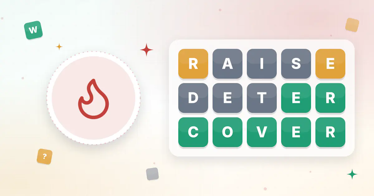 Letter tiles spelling COVER with a red flame badge, showing one of the hardest Wordle words
