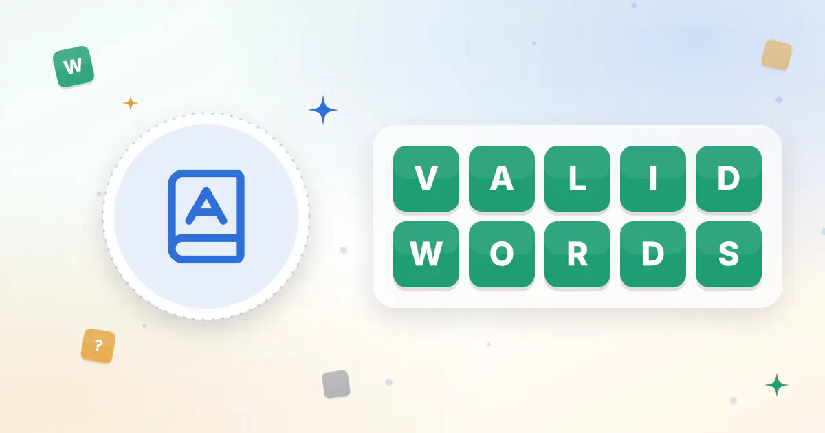 An open dictionary with a green check mark next to a five-letter word, showing a valid Wordle word