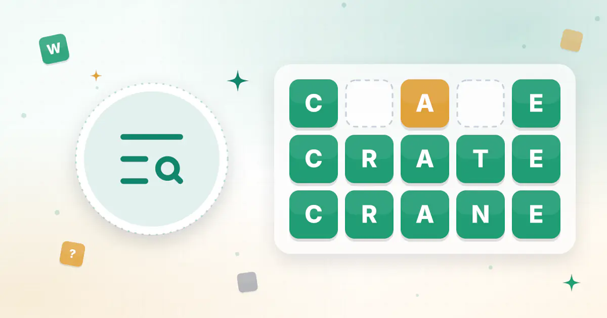 A magnifying glass hovering over a grid of five-letter words, with matching words highlighted in green