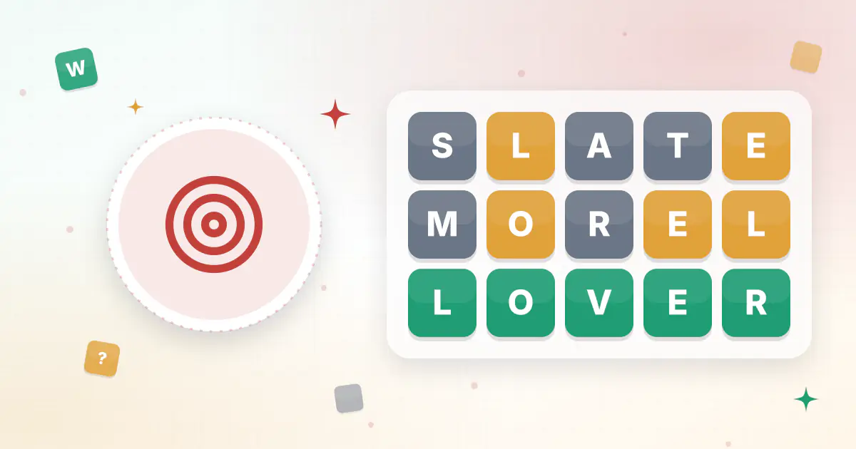 A target with an arrow in the bullseye beside letter tiles, showing the Wordle guesser picking the best next guess