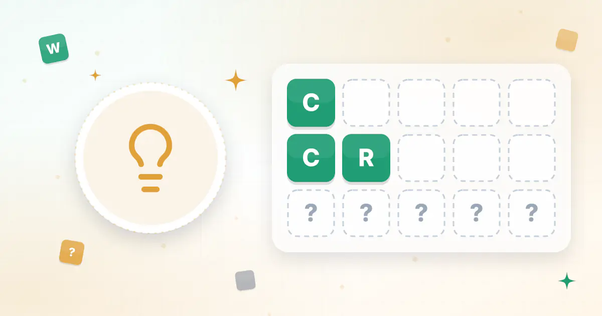 A glowing light bulb above five letter tiles, three of them still hidden, showing a Wordle hint being revealed step by step