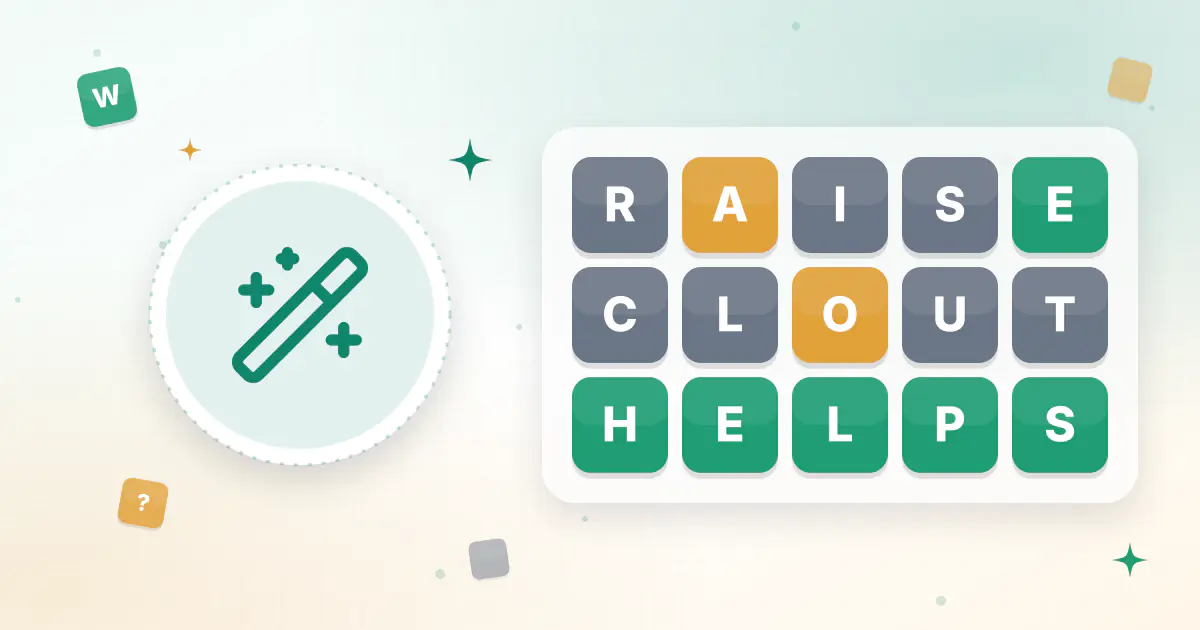 Wordle Helper illustration: colored letter tiles spelling HELPS next to a magnifying glass and a ranked list of words