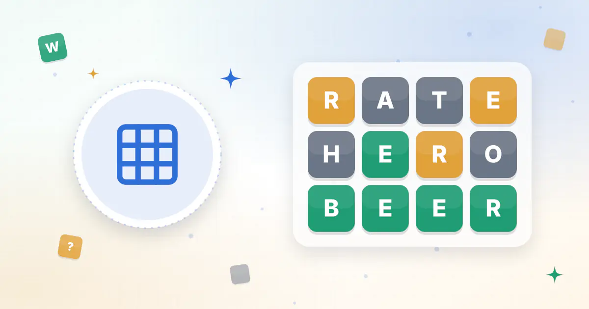 A row of 4 colored letter tiles in green, yellow and gray, showing a 4-letter Wordle puzzle being solved
