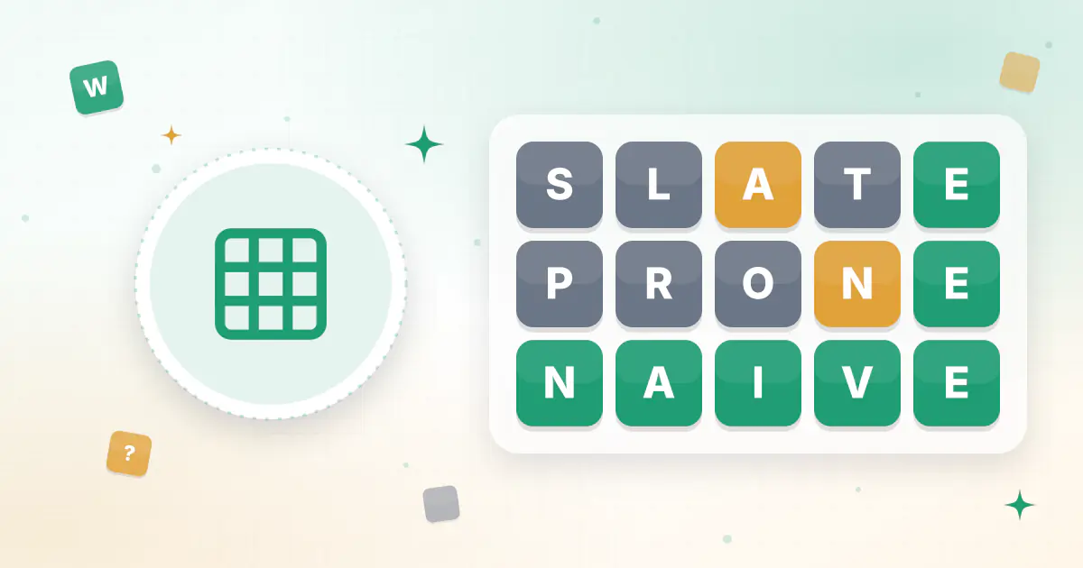 Three rows of five letter tiles, SLATE, PRONE and NAIVE, turning from gray and yellow to all green as a 5-letter Wordle is solved