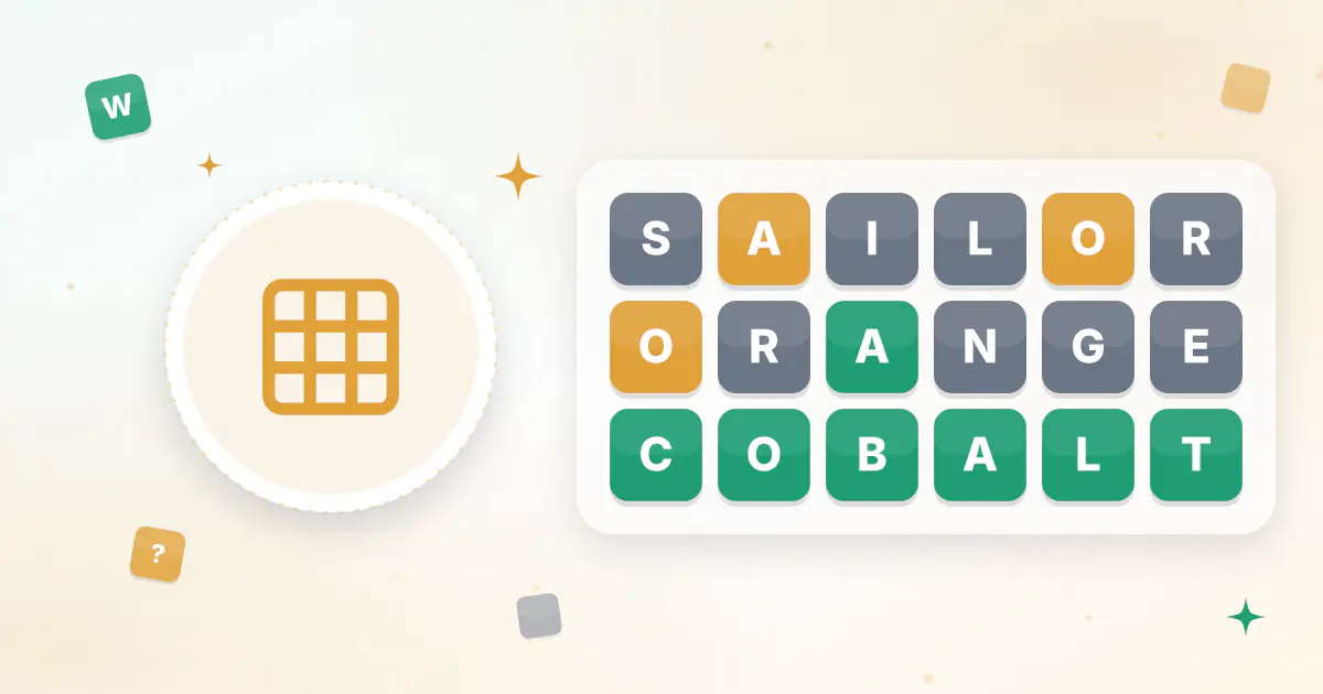 A row of 6 colored letter tiles in green, yellow and gray, showing a 6-letter Wordle puzzle being solved