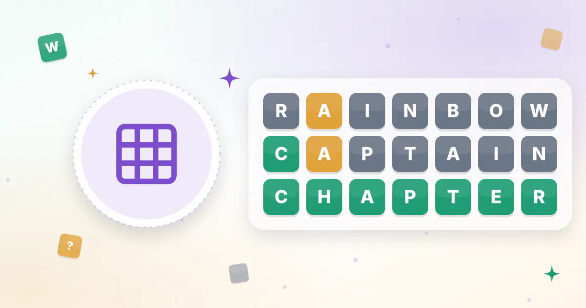 A row of 7 colored letter tiles in green, yellow and gray, showing a 7-letter Wordle puzzle being solved