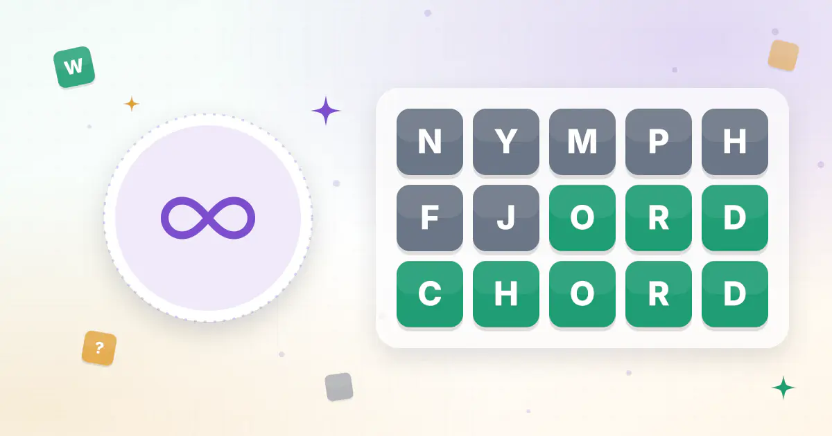 An infinity loop made of colored letter tiles, representing endless Wordle Unlimited games