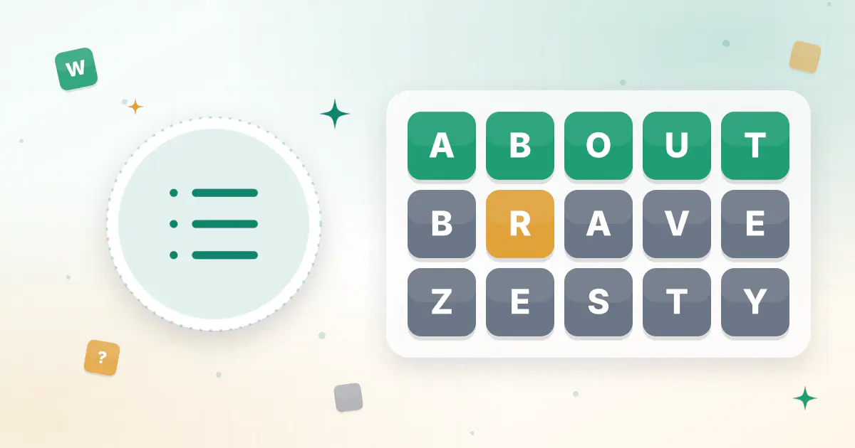 A long scroll of five-letter words sorted from A to Z, with common Wordle answers highlighted