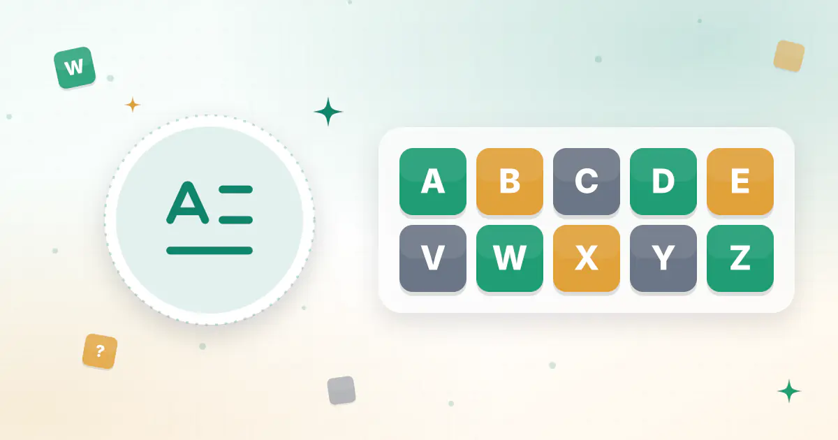 The alphabet from A to Z arranged as tiles, each leading to a list of five-letter words